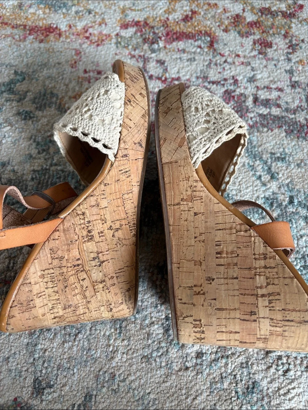 American Eagle Outfitters Crochet Front Wedge Sandals in Cream and Tan